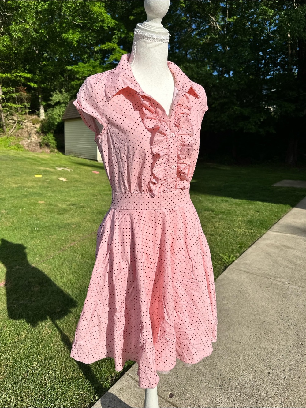 Pink Polka Dot Ruffle Front Fit & Flare Dress